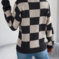 Women's High Neck Color-Blocked Plaid Lantern Sleeve Sweater