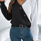 Women Casual V-Neck Button Color Block Lantern Sleeve Pullover Sweater