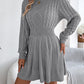 Solid Color Cable Knit Waist Cinched Lantern Sleeve Sweater Dress