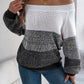 Women Casual Color Block Off-Shoulder Lantern Sleeve Pullover Sweater