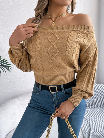 Women Casual Solid Color Off-Shoulder V-Neck Long Sleeve Pullover Sweater