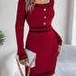 Elegant Square Neck Button Long Sleeve Sweater Dress