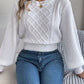 Solid Color Cable Knit Lantern Sleeve Cinched Pullover Sweater