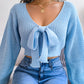 Women Fashion Bow V-Neck Lantern Sleeve Cropped Sweater