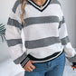 Women V-Neck Color Block Stripe Lantern Sleeve Pullover Sweater