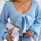 Women Fashion Bow V-Neck Lantern Sleeve Cropped Sweater