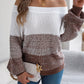Women Casual Color Block Off-Shoulder Lantern Sleeve Pullover Sweater