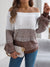 Women Casual Color Block Off-Shoulder Lantern Sleeve Pullover Sweater