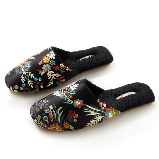 Women's Embroidered Floral Ox-Tendon Sole Plush Slippers