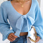 Women Fashion Bow V-Neck Lantern Sleeve Cropped Sweater