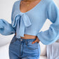 Women Fashion Bow V-Neck Lantern Sleeve Cropped Sweater