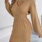 Solid Color Cable Knit Hollow Out Lantern Sleeve Bodycon Sweater Dress