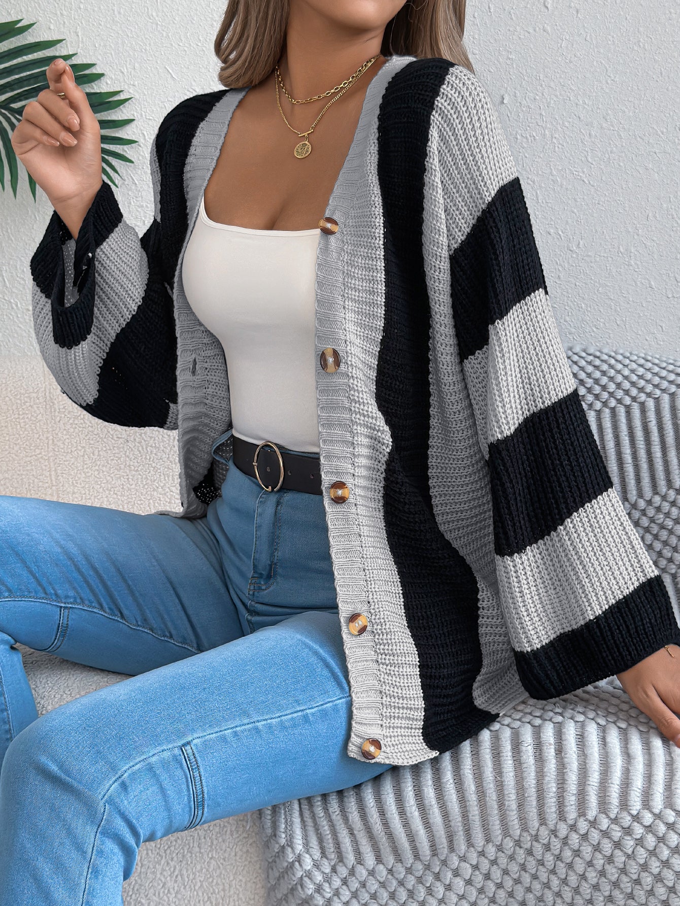 Women Color Block Stripe Bell Sleeve Long Sleeve Cardigan Sweater Coat
