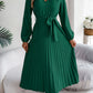 Women's Elegant V-Neck Button Tie-Waist Flared Pleated Maxi Dress