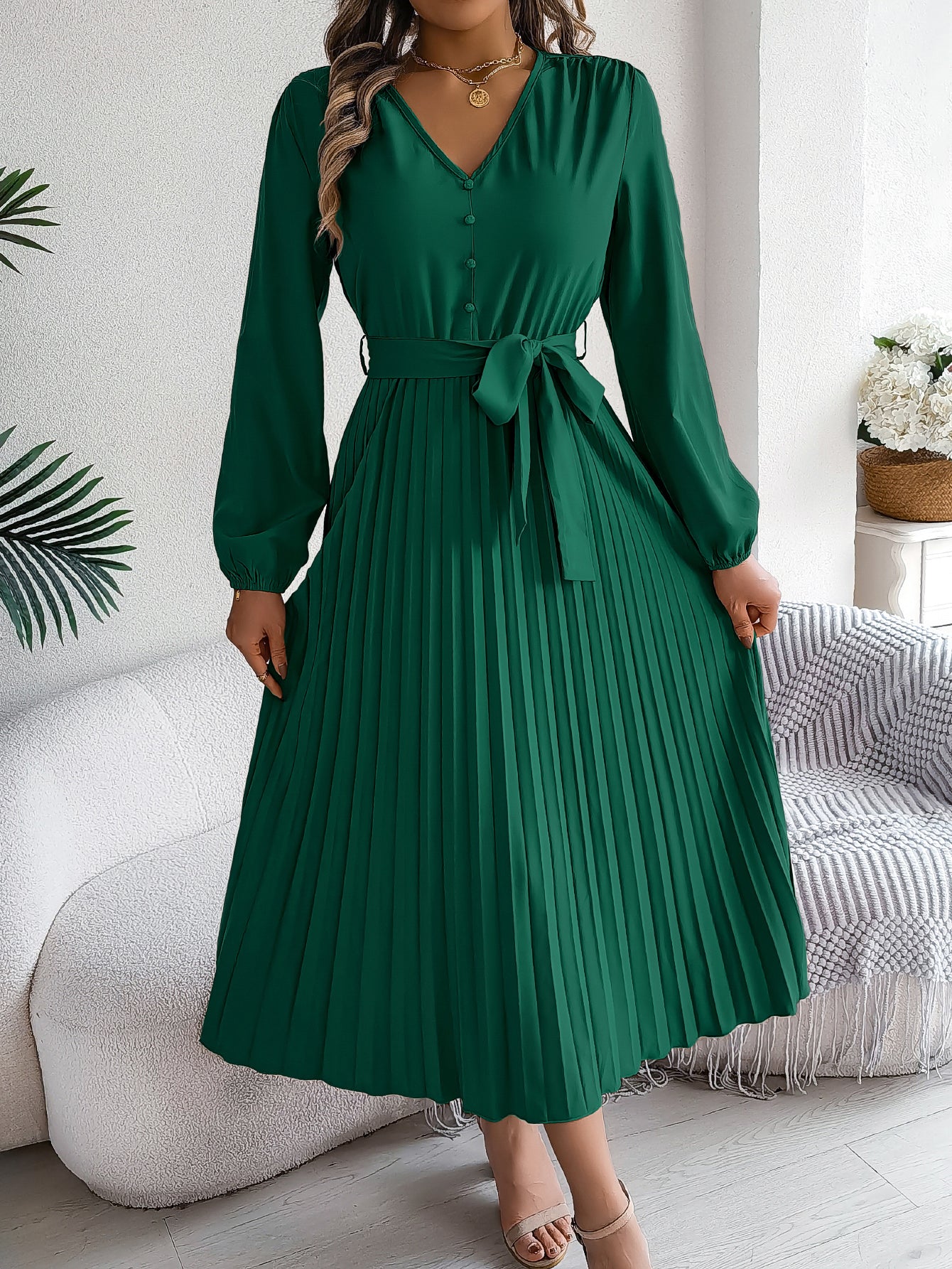 Women's Elegant V-Neck Button Tie-Waist Flared Pleated Maxi Dress