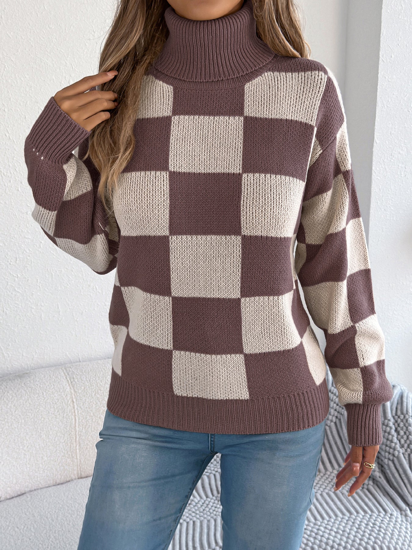 Women's High Neck Color-Blocked Plaid Lantern Sleeve Sweater