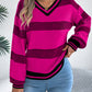 Women V-Neck Color Block Stripe Lantern Sleeve Pullover Sweater