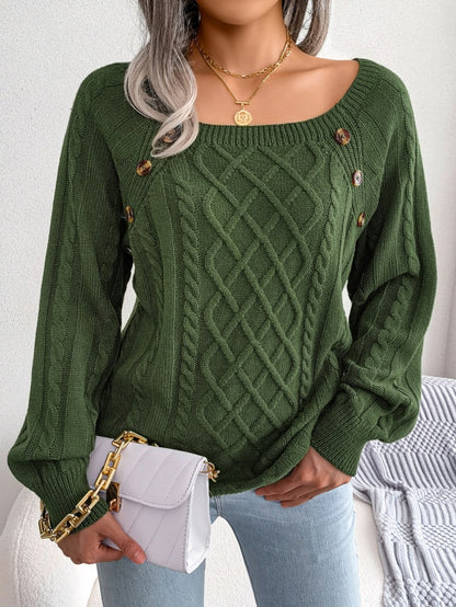 Casual Square Neck Buttoned Cable Knit Pullover Sweater