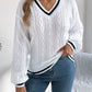 Color Block V-Neck Cable Knit Lantern Sleeve Sweater