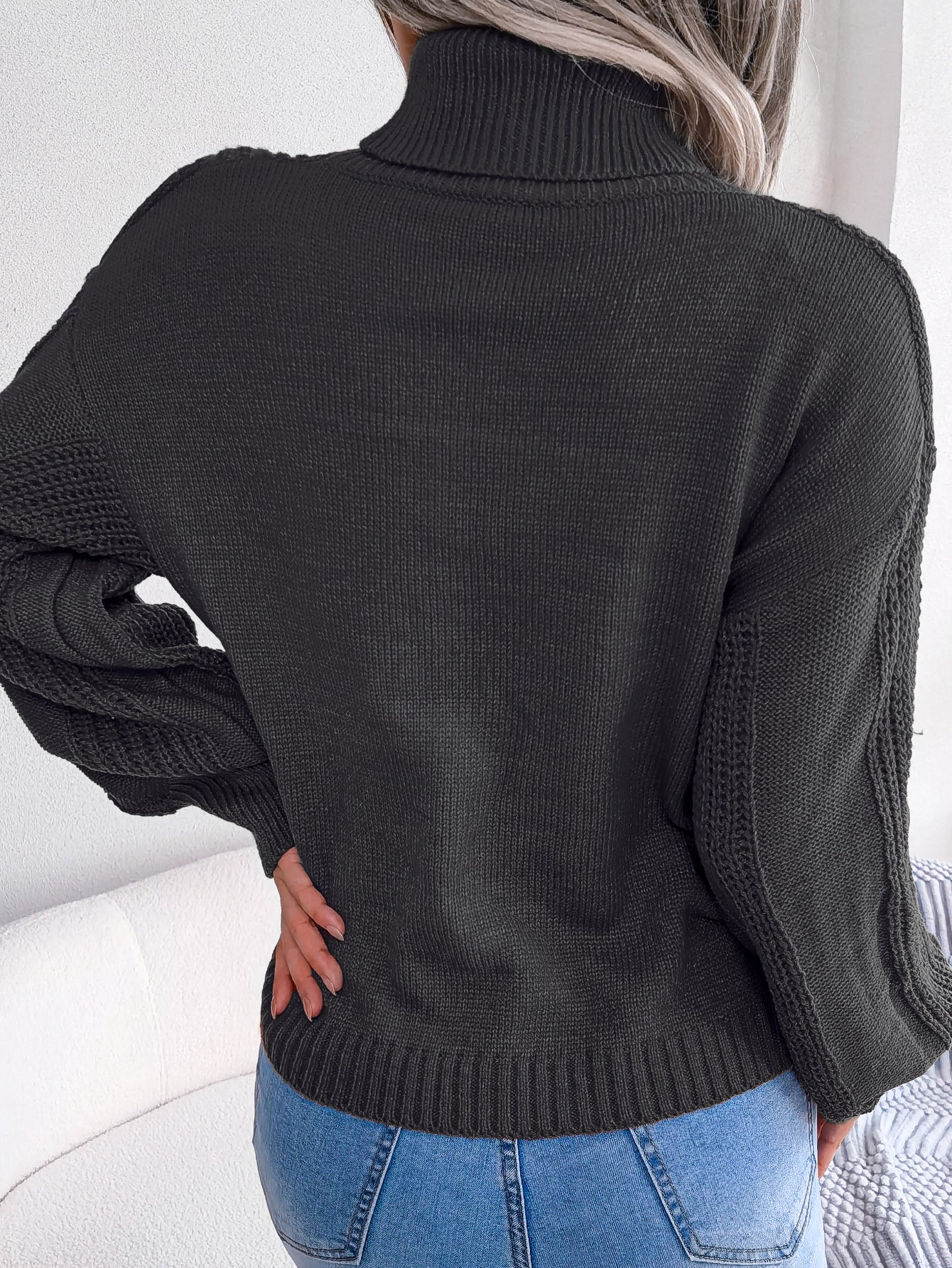 Women Turtleneck Cable Knit Lantern Sleeve Sweater Top