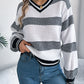 Women V-Neck Color Block Stripe Lantern Sleeve Pullover Sweater