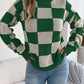 Women's High Neck Color-Blocked Plaid Lantern Sleeve Sweater
