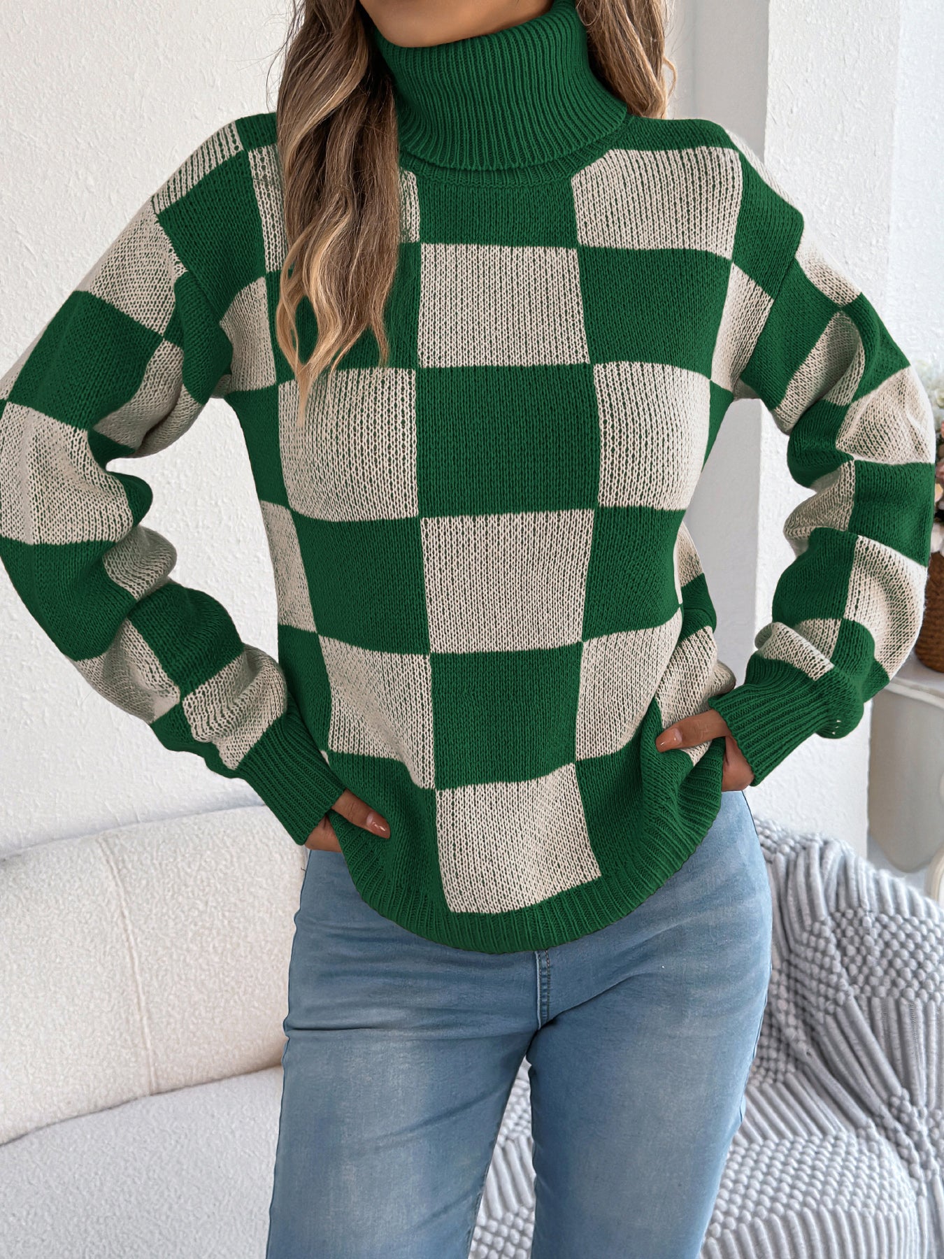 Women's High Neck Color-Blocked Plaid Lantern Sleeve Sweater