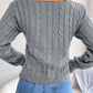 Women Sexy Cross V-Neck Cable Knit Long Sleeve Cropped Sweater