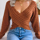 Women Sexy Cross V-Neck Cable Knit Long Sleeve Cropped Sweater