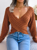 Women Sexy Cross V-Neck Cable Knit Long Sleeve Cropped Sweater