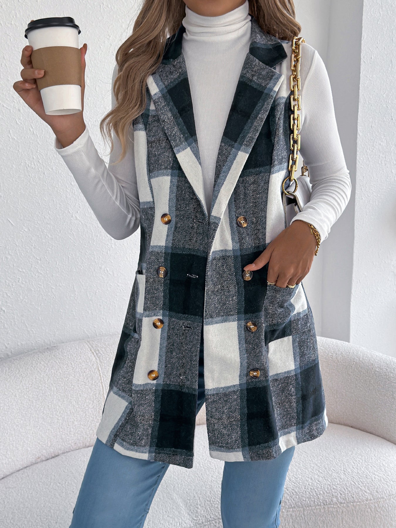 Women's Plaid Double-Breasted Pocket Tweed Long Vest