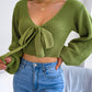 Women Fashion Bow V-Neck Lantern Sleeve Cropped Sweater