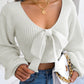 Women Fashion Bow V-Neck Lantern Sleeve Cropped Sweater