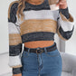 Women Casual Color Block Lantern Sleeve Cropped Pullover Sweater