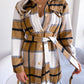 Women's Color-Blocked Plaid Long Sleeve Tie-Waist Thick Tweed Coat