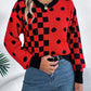 Women Casual Color Block Polka Dot Plaid Lantern Sleeve Pullover Sweater
