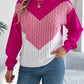 Women Casual Color Block Cable Knit Lantern Sleeve Pullover Sweater