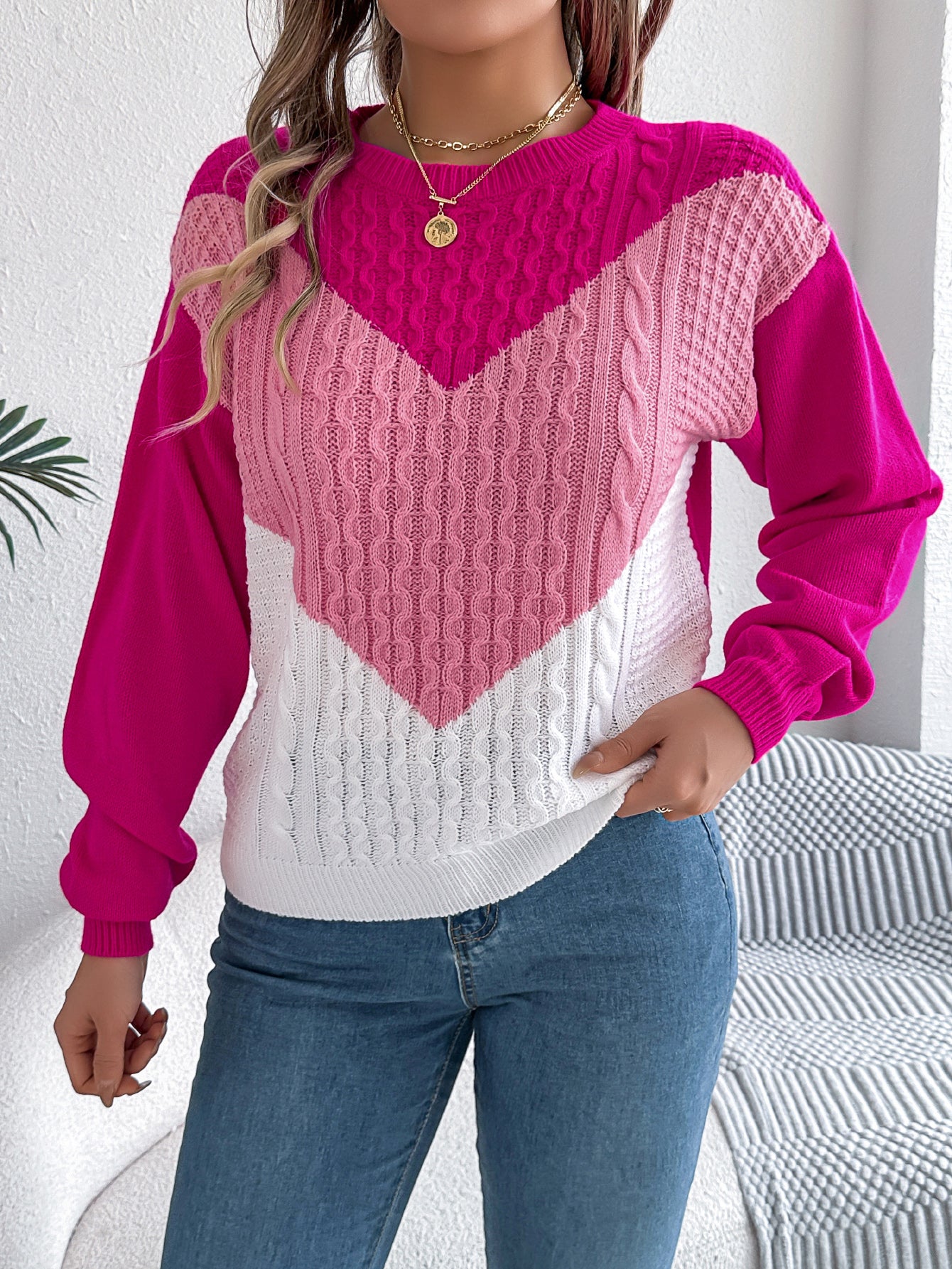 Women Casual Color Block Cable Knit Lantern Sleeve Pullover Sweater