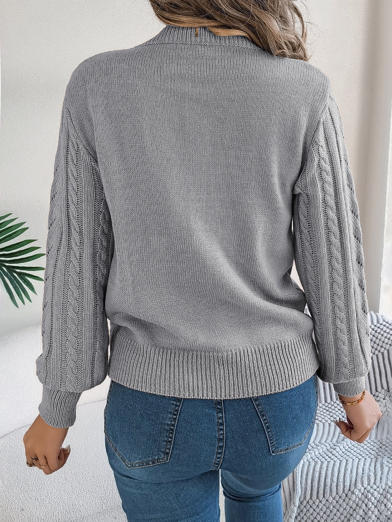 Women Casual Solid Color Hollow Out Lantern Sleeve Pullover Sweater