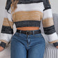 Women Casual Color Block Lantern Sleeve Cropped Pullover Sweater