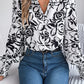 Women's Elegant Color-Blocked Floral Lantern Sleeve Lapel Shirt