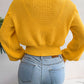 Women Casual Cable Knit Lantern Sleeve Cinched Sweater