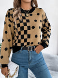 Women Casual Color Block Polka Dot Plaid Lantern Sleeve Pullover Sweater