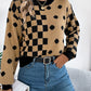 Women Casual Color Block Polka Dot Plaid Lantern Sleeve Pullover Sweater