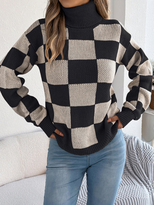 Women's High Neck Color-Blocked Plaid Lantern Sleeve Sweater