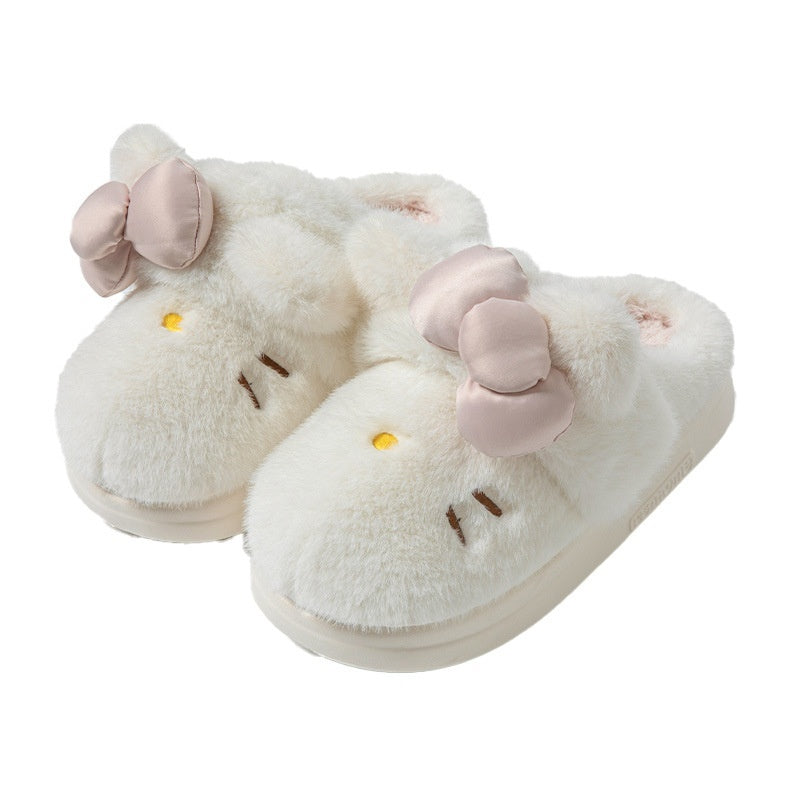 Instagram-Style Fluffy Cotton Slippers With A Cat And Bow Design For Cozy Warmth