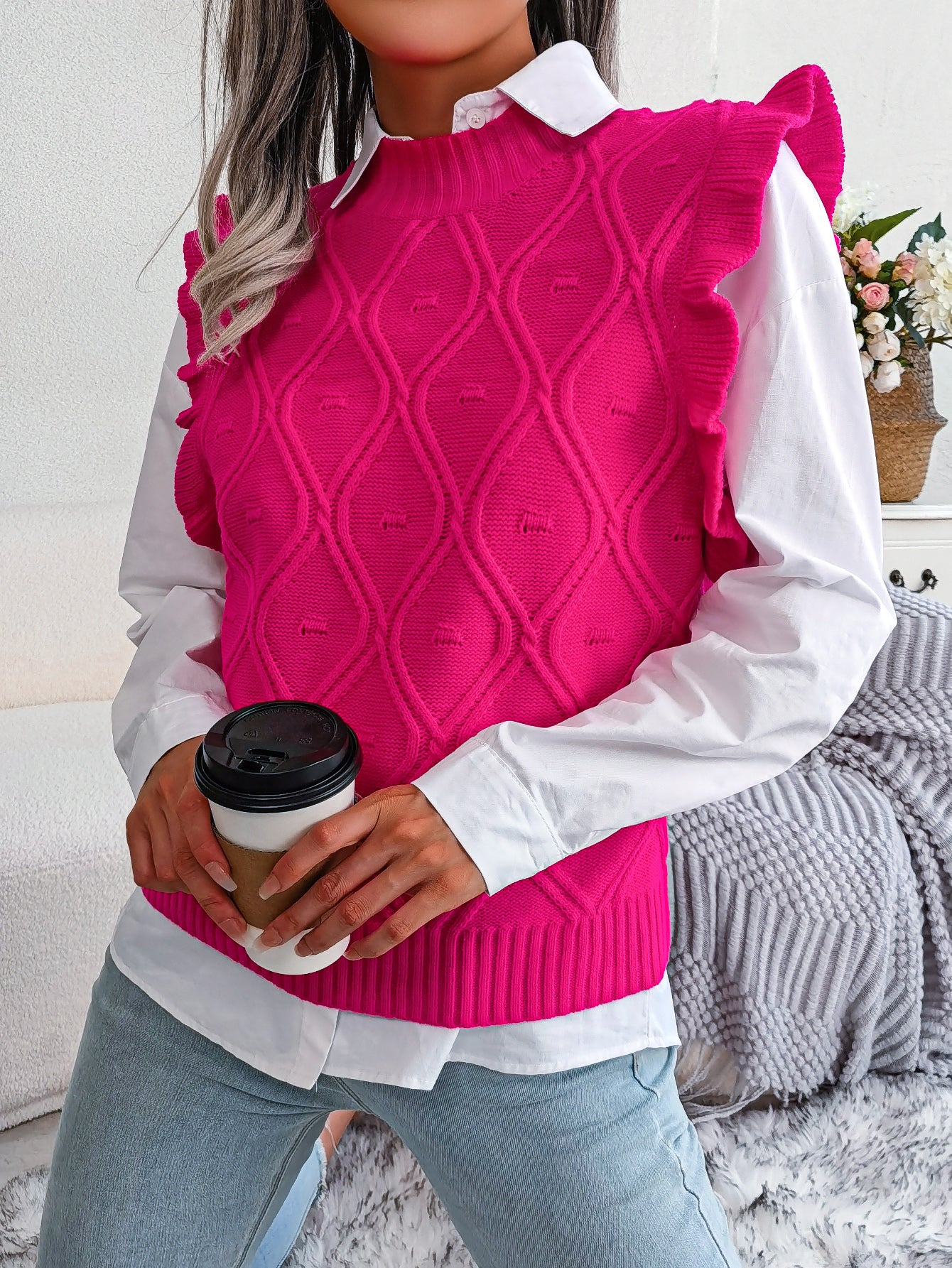 Women Ruffled Diamond Knit Sweater Vest
