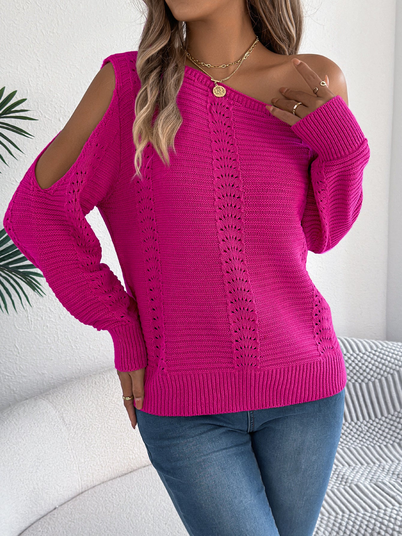 Women Casual Solid Color Hollow Out Off-Shoulder Long Sleeve Pullover Sweater