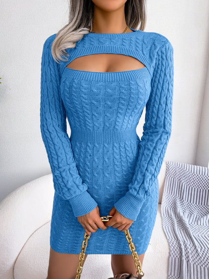 Women Sexy Hollow Out Cable Knit Cinched Bodycon Sweater Dress