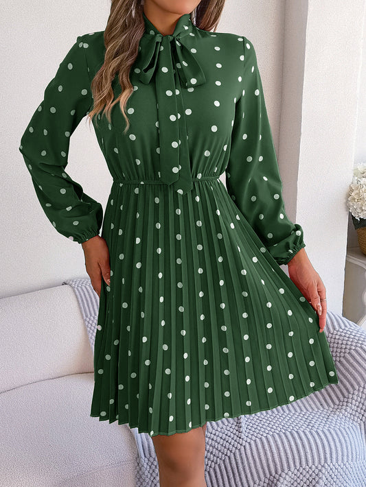 Women's Polka Dot Tie-Waist Long Sleeve Pleated Maxi Dress